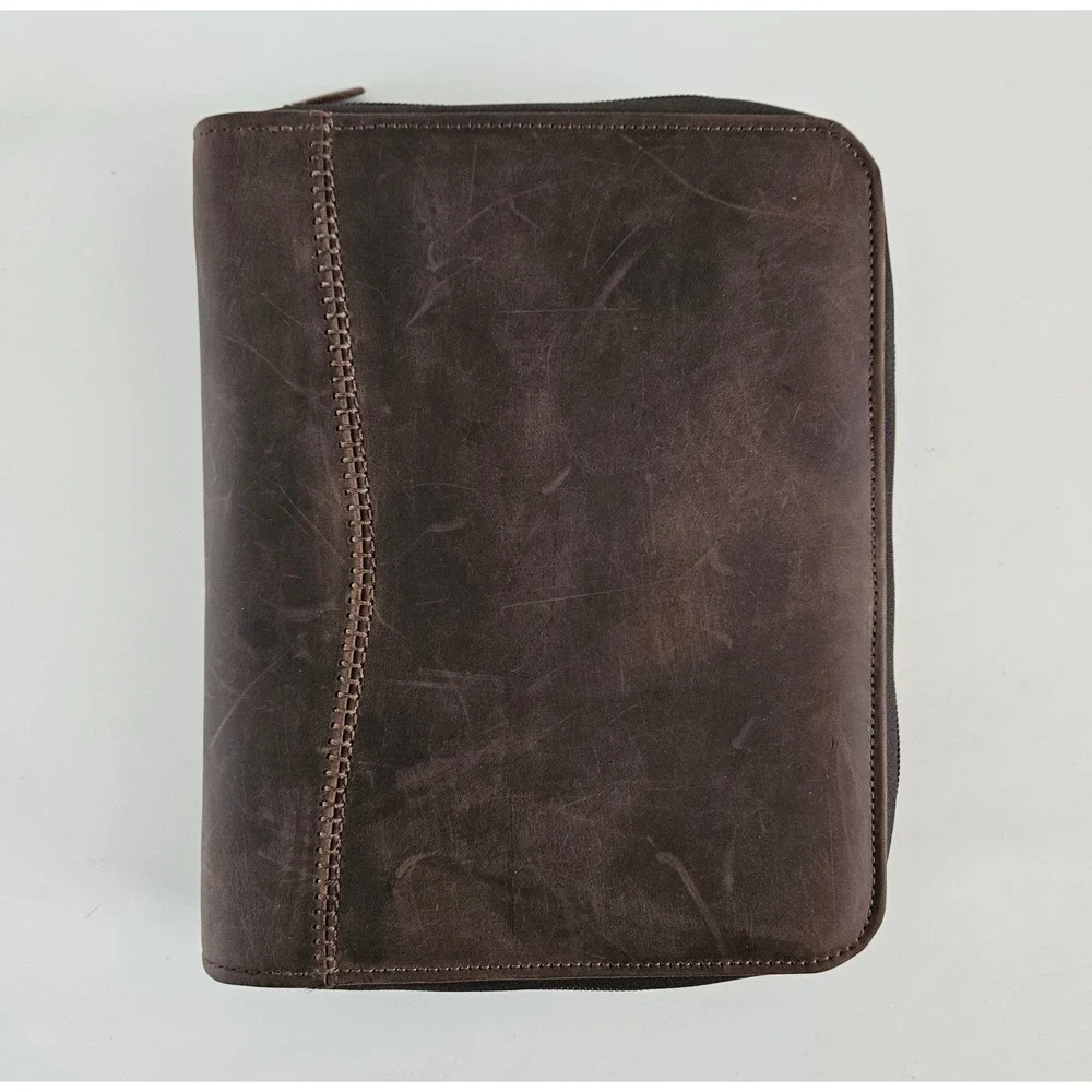 Vtg Day-Timer Tech Organizer Brown Genuine Leather Planner Zip 7 Rings PDA